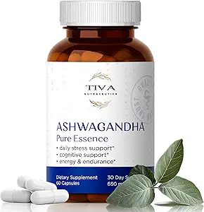 TIVA Ashwagandha Capsules 650mg with Black Pepper Extract - Natural Support for Stress, Metabolisme, Immunfunktion & Mood - Vegan, Non- GMO, Lab- Testet - 60 Urtekapsler