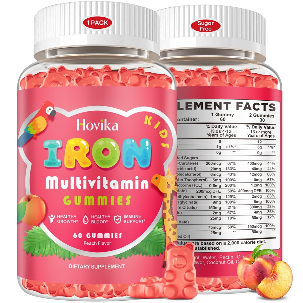 Iron Supplement Gummies for Kids with Multivitamin, Calcium, Zinc, Folate - Kids Iron Gummies Support Immune, Blood Builder, Iron Deficiency, Anemia & Energy - Vegan, Peach 60 Count
