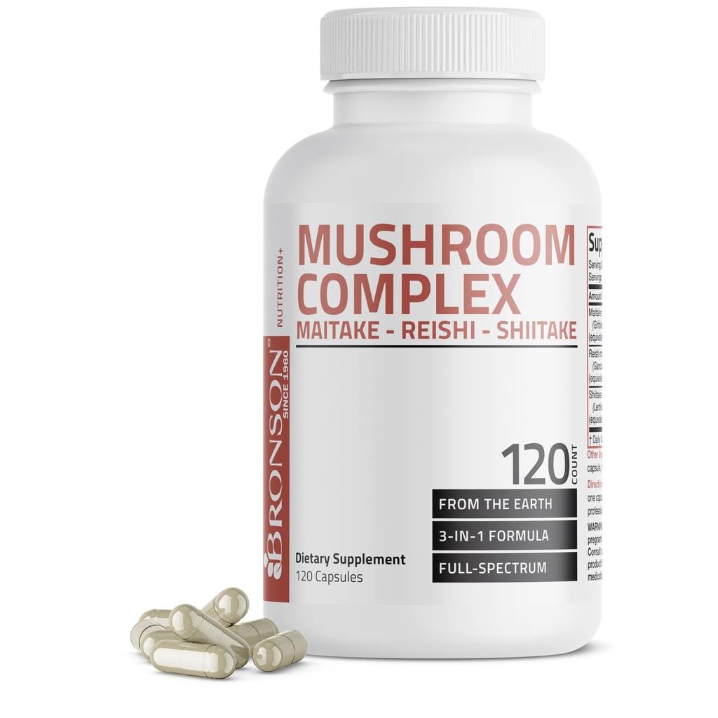 Bronson Triple Mushroom Complex - Maitake - Reishi - Shiitake - Kraftfuld Antioxidant og immunsystem Booster - Fuld Spectrum Mushroom Complex - 600 mg kapsler - 120 Greve