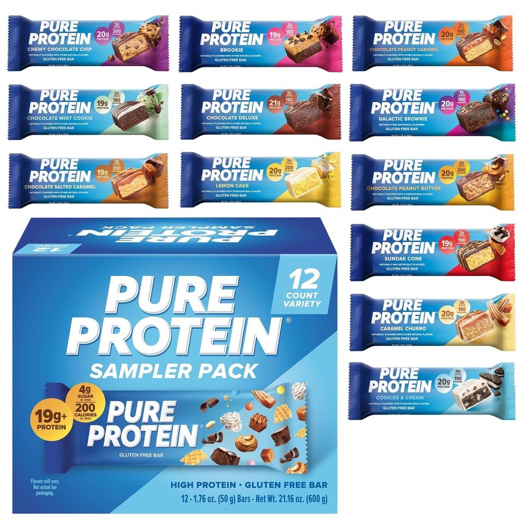 Pure Protein Variety Pack - 12 Count Box | 20g High Protein, Gluten-Free, On-the-Go Snack | Ideal Pre & Post-Workout Fuel | Low Sugar, Great Taste!
