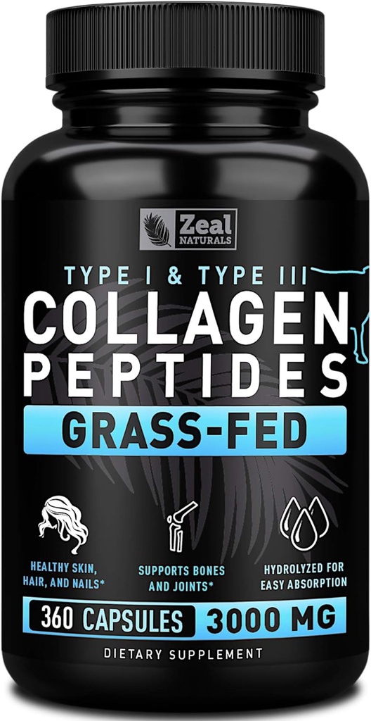 Zeal Naturals Collagen Peptider Collagen Pills (360 Kapsler) Græs Fed Collagen Pepetide Powder - Hydrolyzed Collagen Powder til JointTendon SupplementHår Hud og negle -