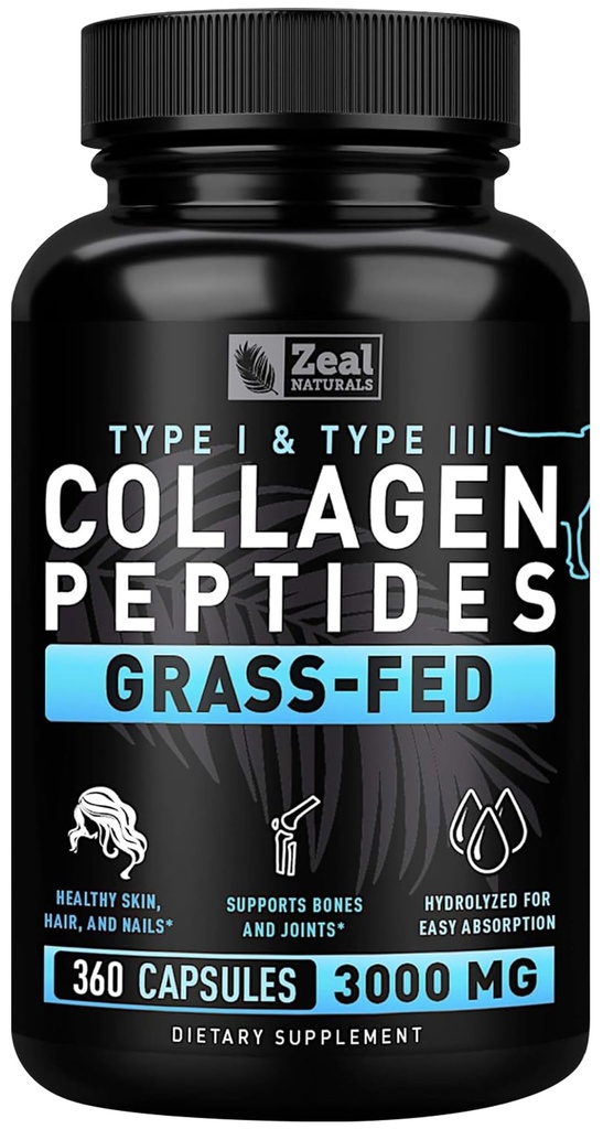 Zeal Naturals Collagen Peptider Collagen Pills (360 Kapsler) Græs Fed Collagen Pepetide Powder - Hydrolyzed Collagen Powder til JointTendon SupplementHår Hud og negle -