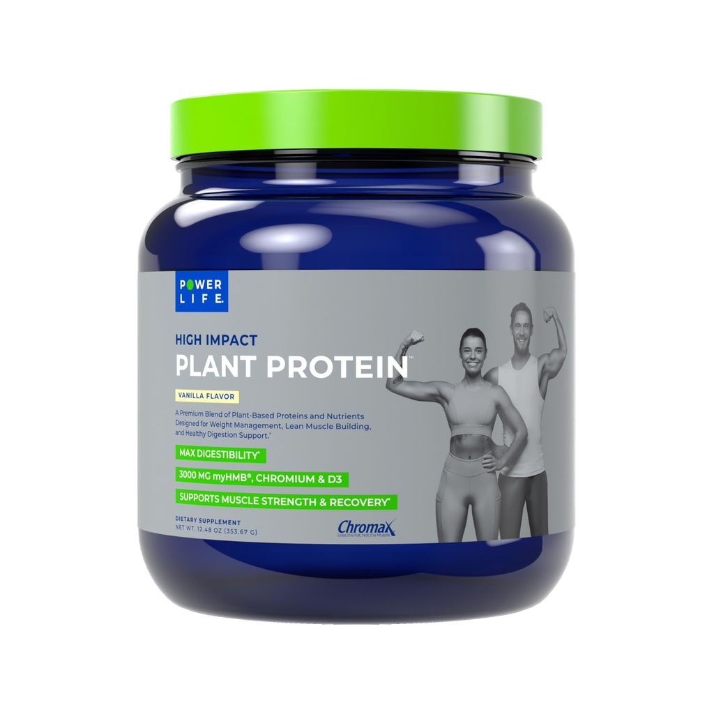 POWERLIFE High Impact Plant Protein Powder med 3000 MG HMB, Plant- baseret, Ingen sukker tilsat, Vegan, Keto Friendly, Non- GMO (Vanilla - Ny Formel)