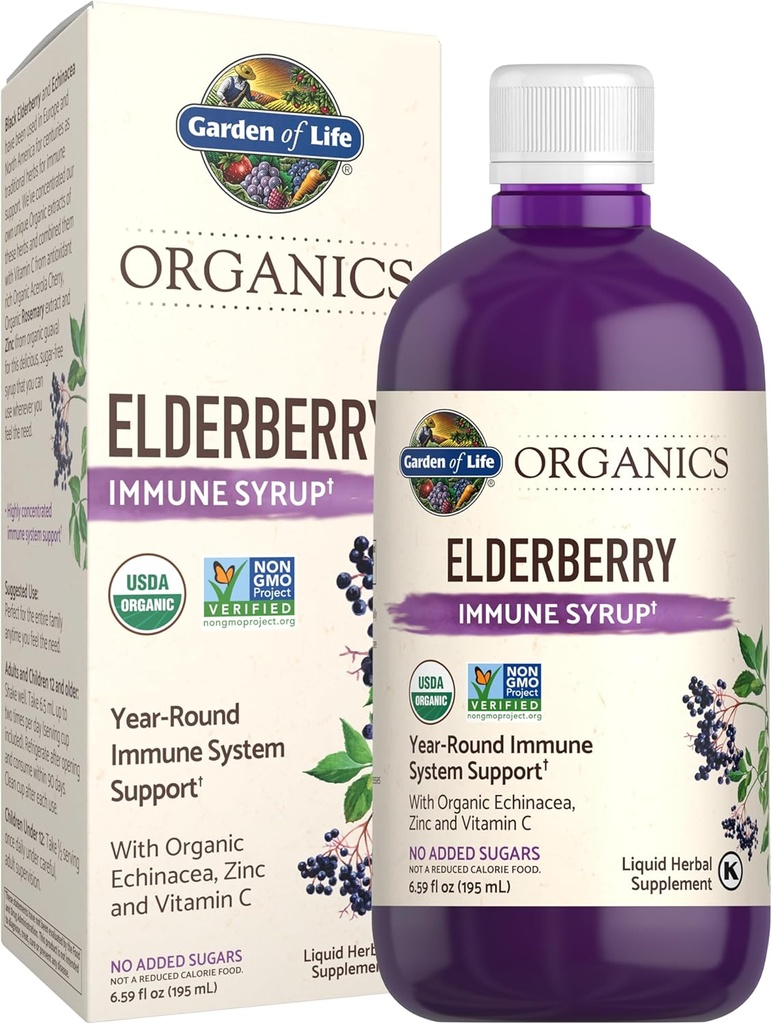 Have of Life Organics Plant Based Elderberry Immunsyrup 6.59 floz (195 mL) for børn og voksne - Sambucus, Echinacea, Zink & vitamin C, 0g Sukker, Organic Vegan Gluten Free Herbal Supplement