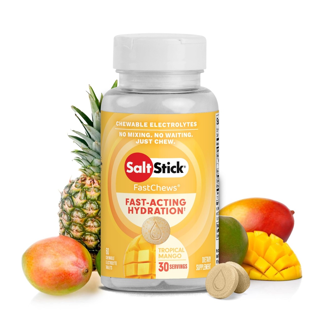 SaltStick Electrolyte FastChews - 60 Tropical Mango Chewable Electrolytes - Salt Tablets for Running and Hydration, Electrolyte Chews - 60 Greve