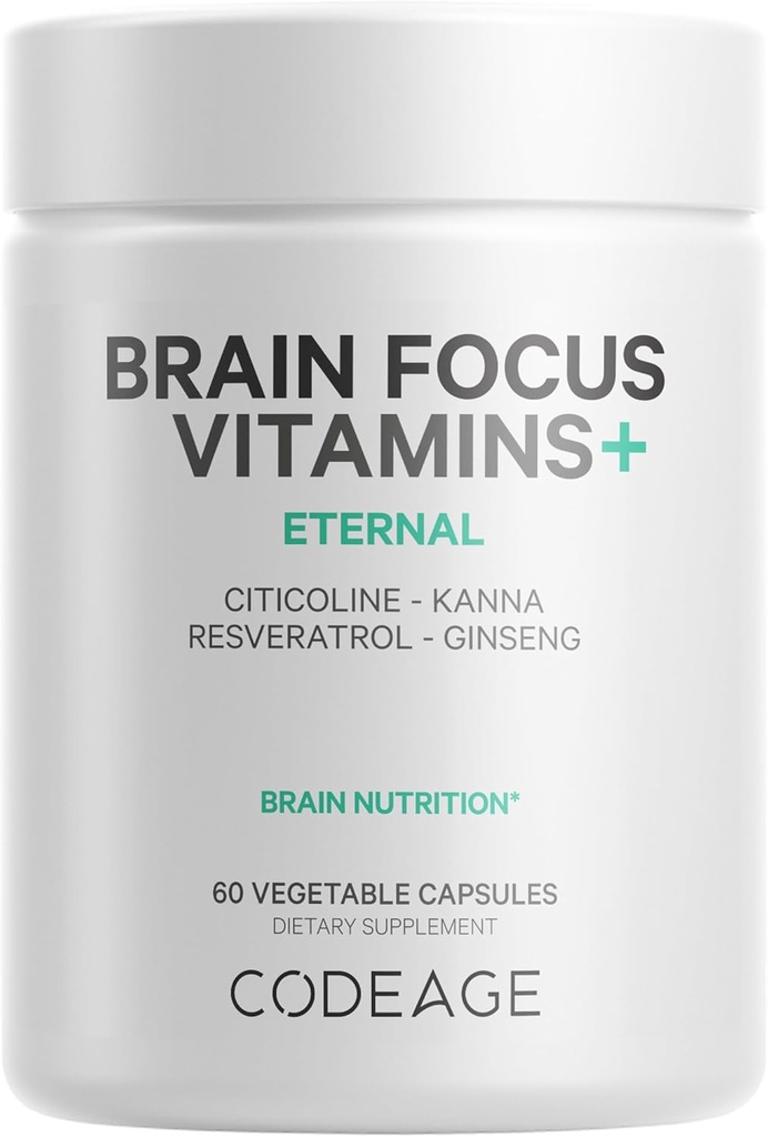 Kodeage Brain Focus Vitaminer + Nootrop supplement med Citicolin som Cognizin, Panax Ginseng, Resveratrol, Gotu Kola, Vitamin B12 Methylcobalamin - Liposomal Levering - Non-GMO - 60 Kapsler