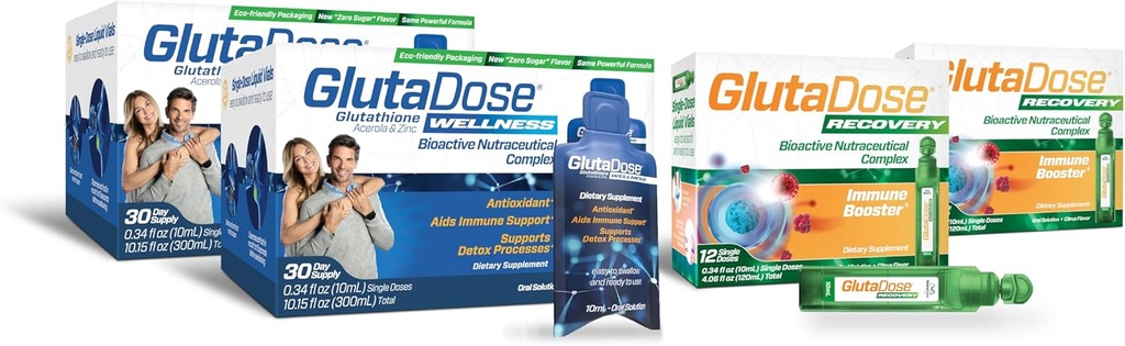 GlutaDosis Ultimate immunboost & daglig Detox Bundle, Cold & Flu Recovery, Immun & Energy Support, Glutathione, Astragalus, Echinacea, Acerola (1000 mg Blend), Selen, Zink, flydende kosttilskud