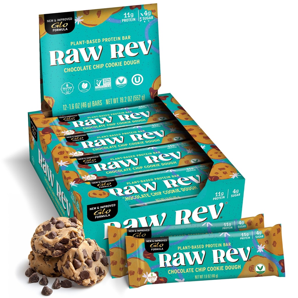 Raw Rev Glo Protein Bar, Chocolate Chip Cookie Dough, 12 Bars | Vegan & Dairy-Free Protein Bar | Gluten-Free | Plant-Based | No Sugar Alcohols | Kosher | Keto-Friendly