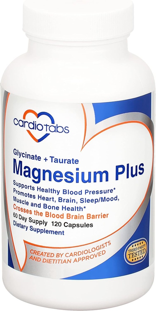 Magnesium Plus - 200 mg Magnesium Glycinat og Magnesium Taurat til blodtryk, hjerte, hjerne, søvn & mood Support - Meget koncentreret og godt Absorberet - 120 kapsler