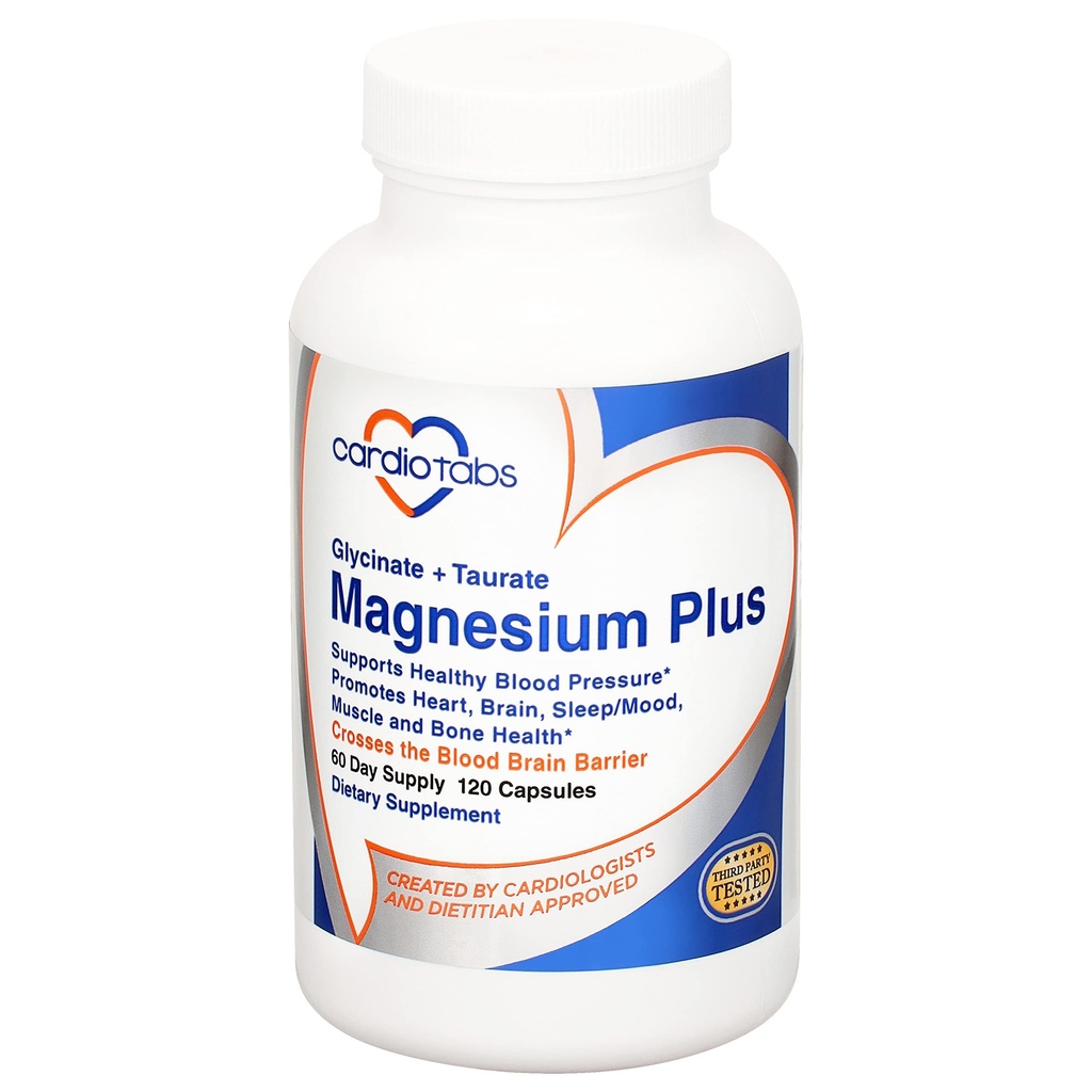 Magnesium Plus - 200 mg Magnesium Glycinat og Magnesium Taurat til blodtryk, hjerte, hjerne, søvn & mood Support - Meget koncentreret og godt Absorberet - 120 kapsler