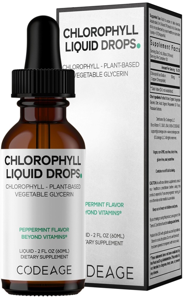 Kodeage Chlorophyll Liquid Drops Supplement - Vegan Chlorophyll 50 mg per servering, Økologisk pebermynte Flavor Clorophila Drink - Non-GMO, Gluten- Free, Vegan - 2 fl oz