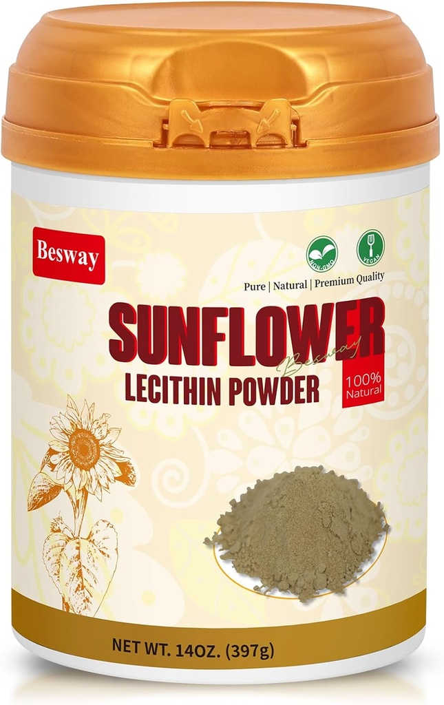 Solsikke Lecithin Powder 14 oz (40 Servering), 100% Pure, Non- GMO, Natural Supplement for Hjerne Sundhed, Heart Health, og Sund Hud, Produkt fra Kina