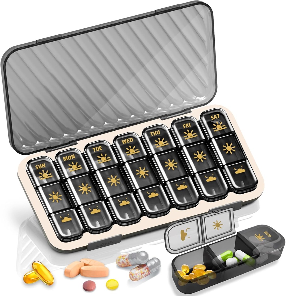 Ugentlig Pill Organizer 3 gange om dagen, GloDeals Large Travel Pill Box 7 Dag, Am Pm Tre daglige Pill sag med flytbar medicin Container, Pill Holder for Vitamin, tillæg, Fish Oil, Sort
