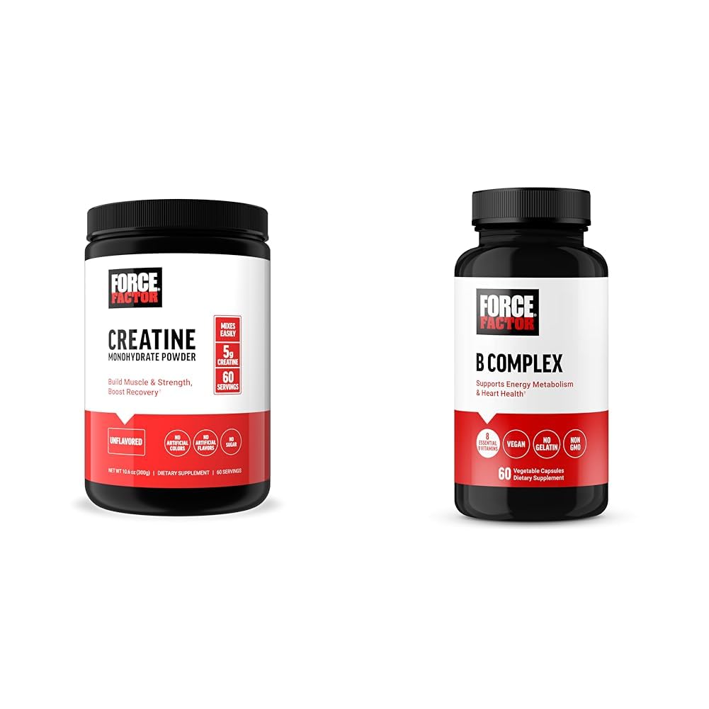 Kraftfaktor Creatin Powder 60 Servere og vitamin B Complex 60 Kapsler Bundle for muskel Gain, Styrke, energi, og hurtigere inddrivelse