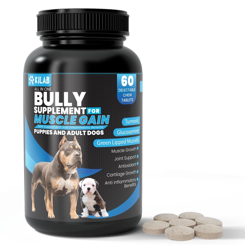 Kilab Hund Vægt Gainer - 60- Greve Muskel Builder Hund tillæg - Muskel vækst supplement til hunde, hvalpe og voksne - Bully Growth Formel med gurkemeje, Glucosamin, Grønne Lipped Muslinger