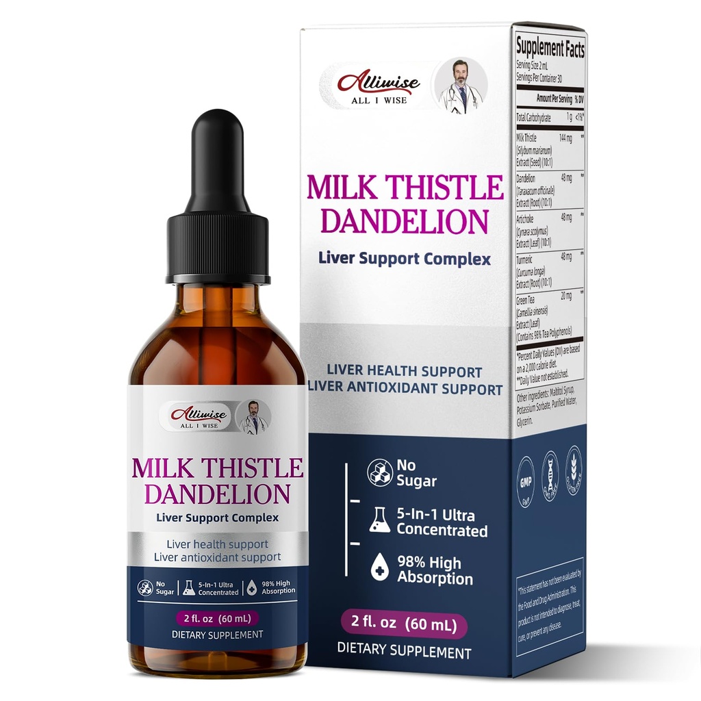 Liver Health Support Liquid,Milk Thistle Drops 80% Silymarin Extract & 250mg Dandelion Root Extract, Liver Cleanse Detox & Repair Fatty Liver Formula, Vegan, Non-GMO and All-Natural-2 Fl Oz