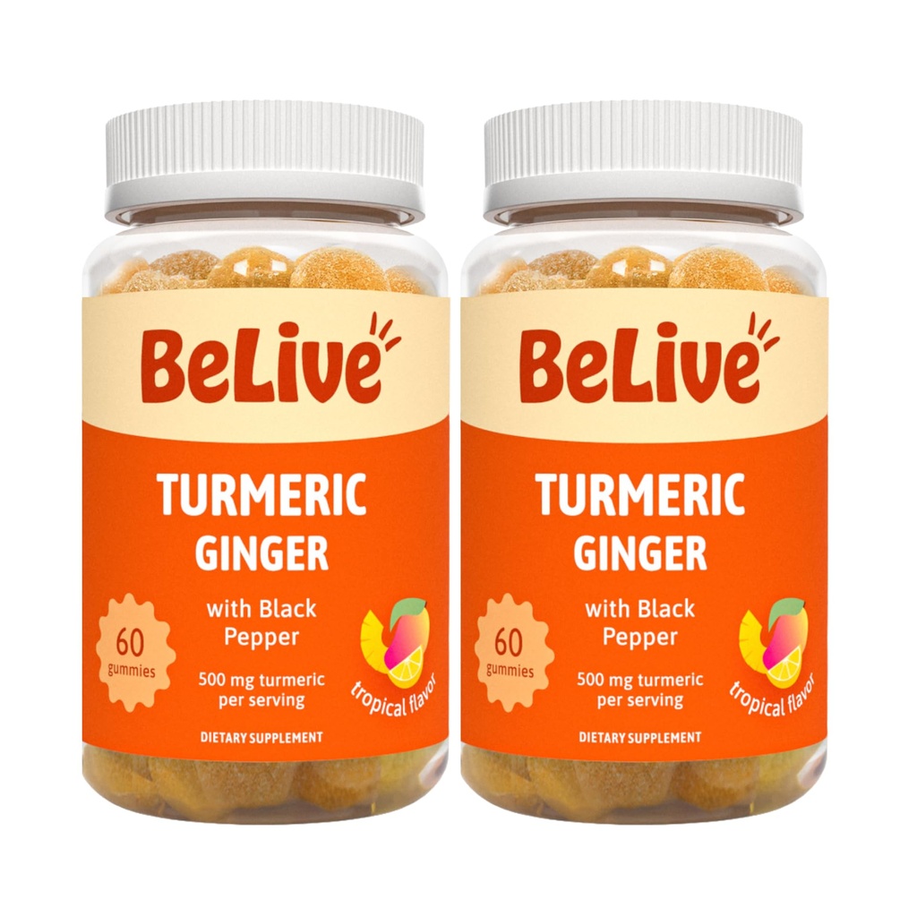 BeLive Turmeric and Ginger Gummies - 500mg - Joint and Mobility Support Supplement - Curcumin with Black Pepper for Enhanced Absorption - Tropical Flavor - 2 Pack, 120 Count