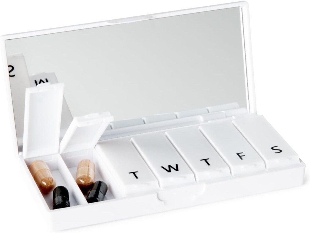 PORT X POLISH Designer Weekly Pill Box Organizer (Single 1X Daily, Crisp White) Medical 124; Compact, Stilfuld 7-Day Vitamin Supplement Sag # 124; Cute Portable Mini Travel Medicine Carrier # 124; BPA- Gratis Pillbox Caddy