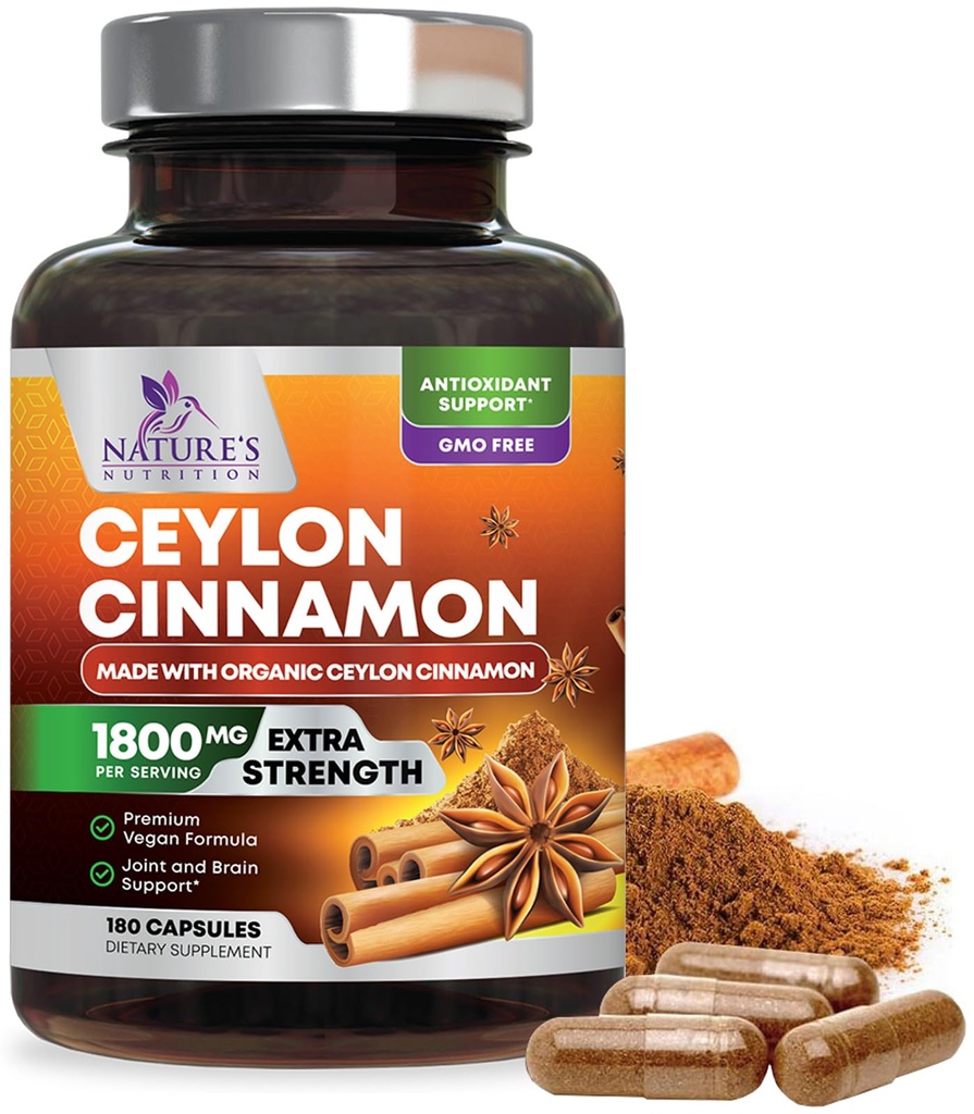 Organic Ceylon Cinnamon Supplement 1800 mg - Certificeret Organic Ceylon Cinnamon Powder Pills - Energy & Heart Support for Women & Men, Flasket i USA, Antioxidant, Gluten Free, Non- GMO - 180 Kapsler