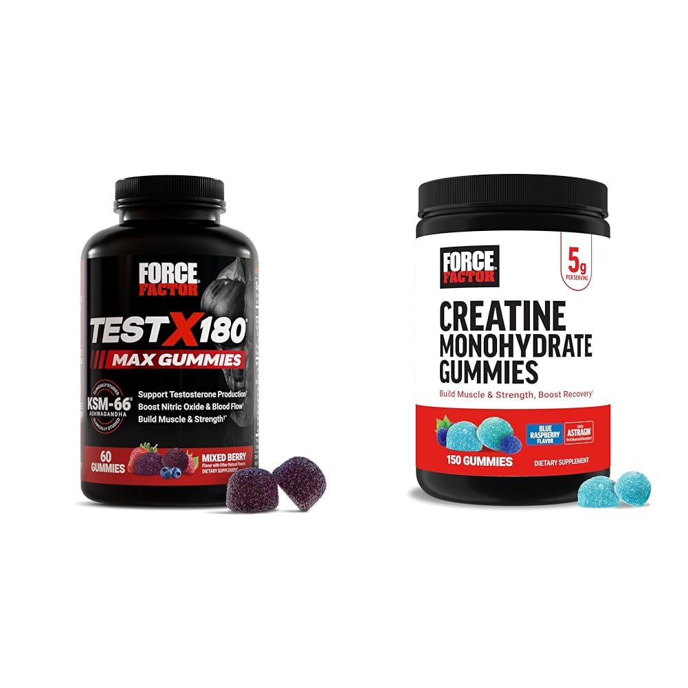Force Factor Creatine Monohydrate Gummies, 5g Dose Test X180 Max Gummies, Testosterone Booster Supplement for Men, Mixed Berry, 60 Gummies