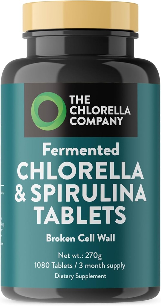 Gæret Chlorella & Spirulina Tablets, Chlorophyll, Green Superfood, Alger Supplement, Heavy Metal Detox, Immunity Support, Broken Cell Wall, 1350 Tablets, Non-GMO, Vegan