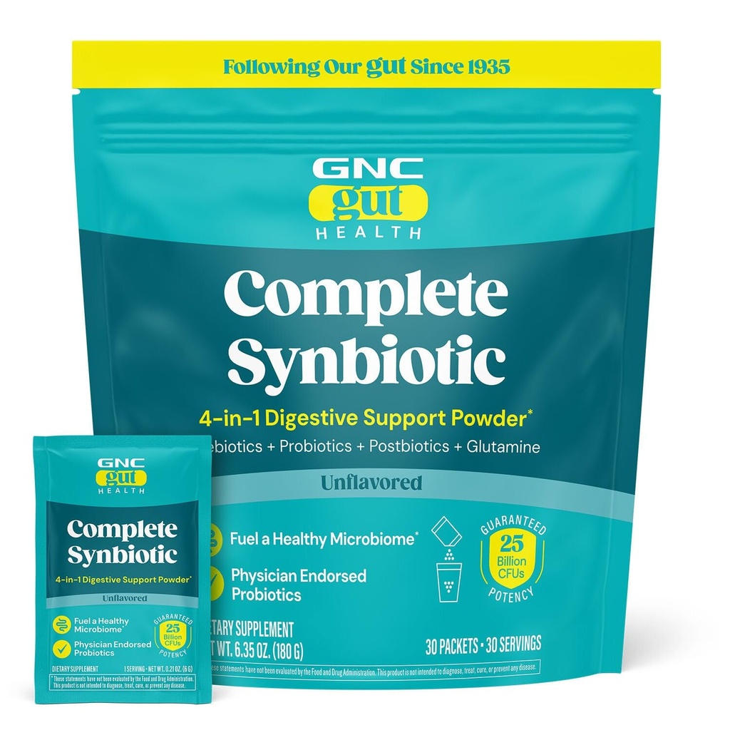 GNC Complete Synbiotic 4-in-1 Digestive Support Powder - Stomach Balance Formula with Physician-Endorsed Strains - Prebiotic, Probiotic & Postbiotic Blend - Drink Mix - 30 Count (30 Servings)