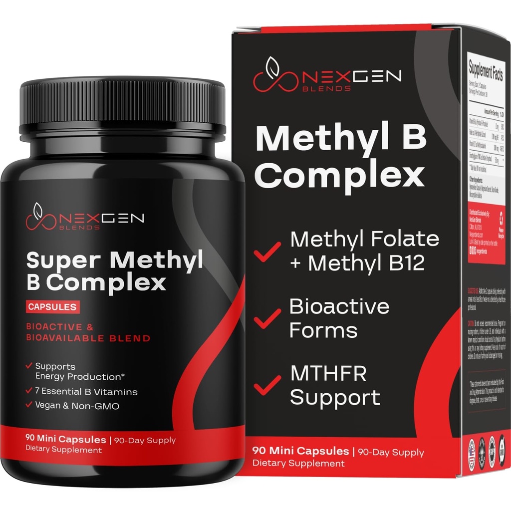 Methylated B Complex Vitamin Supplement - Bioactive Methyl B Complex with 5-MTHF Methyl Folate & B12 Methylcobalamin for Brain Heart Energy & Homocysteine Support - Super Vitamin B Complex - 90 Caps