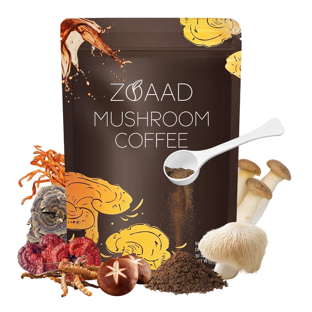 ZOAAD Mushroom Coffee with 6 Premium Adaptogenic Mushroom for Better Energy | Better Focus, Digestion, Immunity and Skin, Low Caffeine, Smooth Instant Coffee, Hot or Cold, Medium Roast, 30 Servings