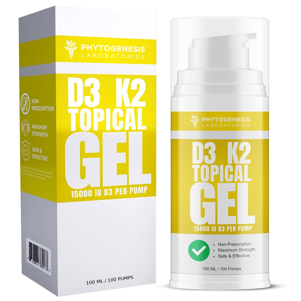 Vitamin D3 K2 Maksimal styrke Tematisk Gel - 15000 + IE Per pumpe - The Sunshine Vitamin - Understøtter ben & fælles sundhed, immunforsvar - One Month Supply