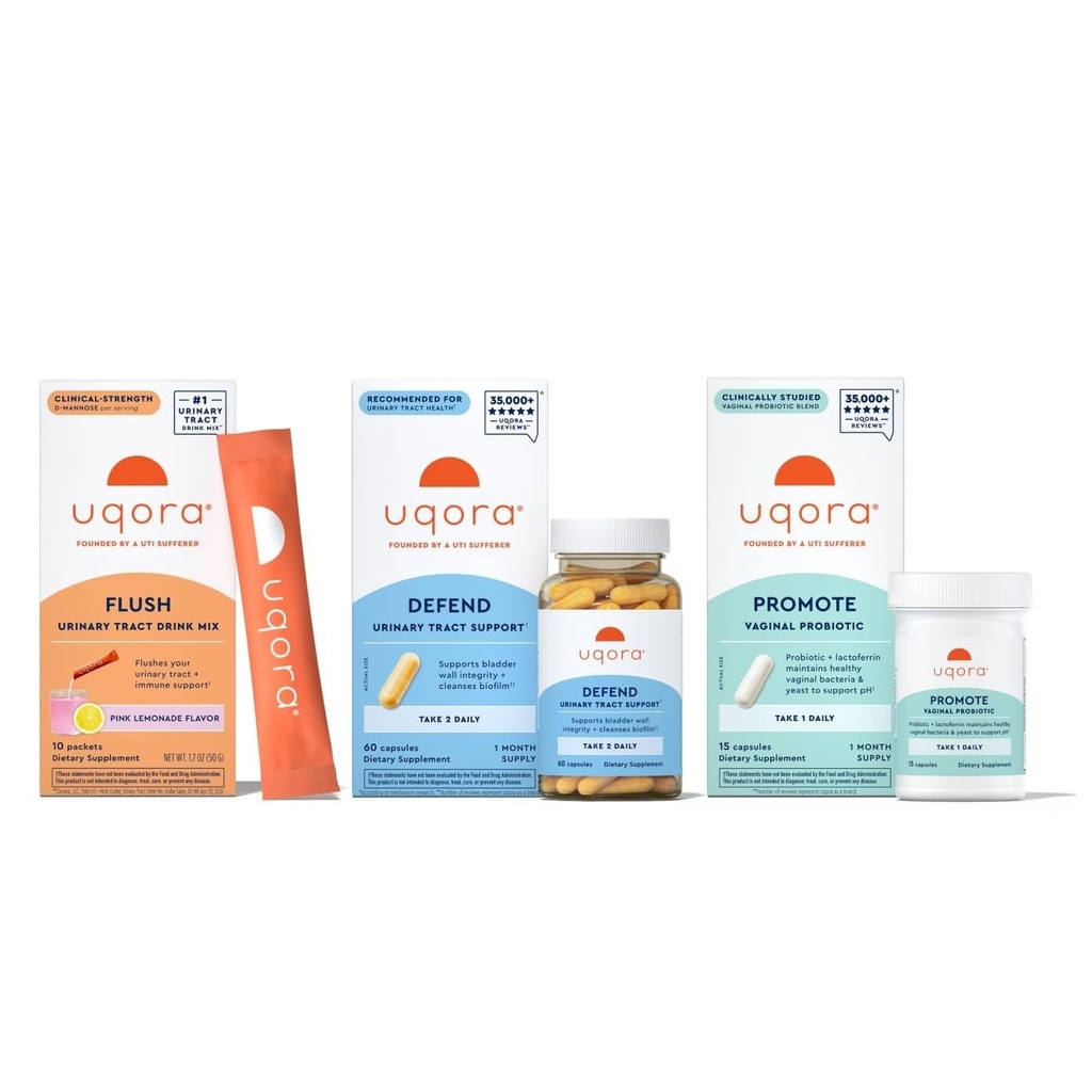Uqora Complete Regimen med Flush, Defend & Promote - Urinary Tract Support med D-Mannose, C-vitamin, Green Tea Extract, Probiotika & mere - Omfattende Brege Health Support * - 3-Part Bundle