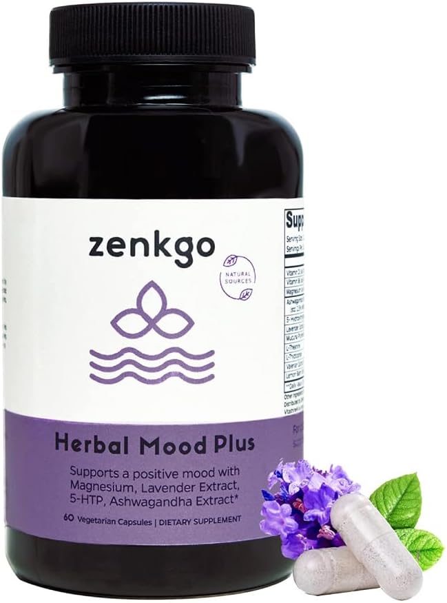 Zenkgo Ashwagandha, 5-HTP, Lavender, Mucuna, L- tryptophan - Mood Support, Plant- baseret, Herbal Mood Plus Hjælper med rolig sind & stress Relief, Emotion Blalance, Positivitet (60Ct / 30Day)