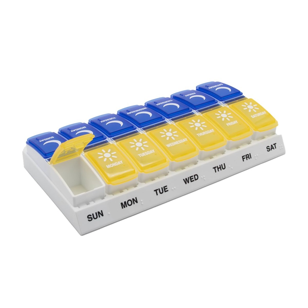 EZY DOSE Weekly (7-Day) AM / PM Pill Organizer, Daily Vitamin Container og Medicine Box, Store Pop- Out Compartments, Designet til rejser, 2 gange om dagen, Blå og gule låg