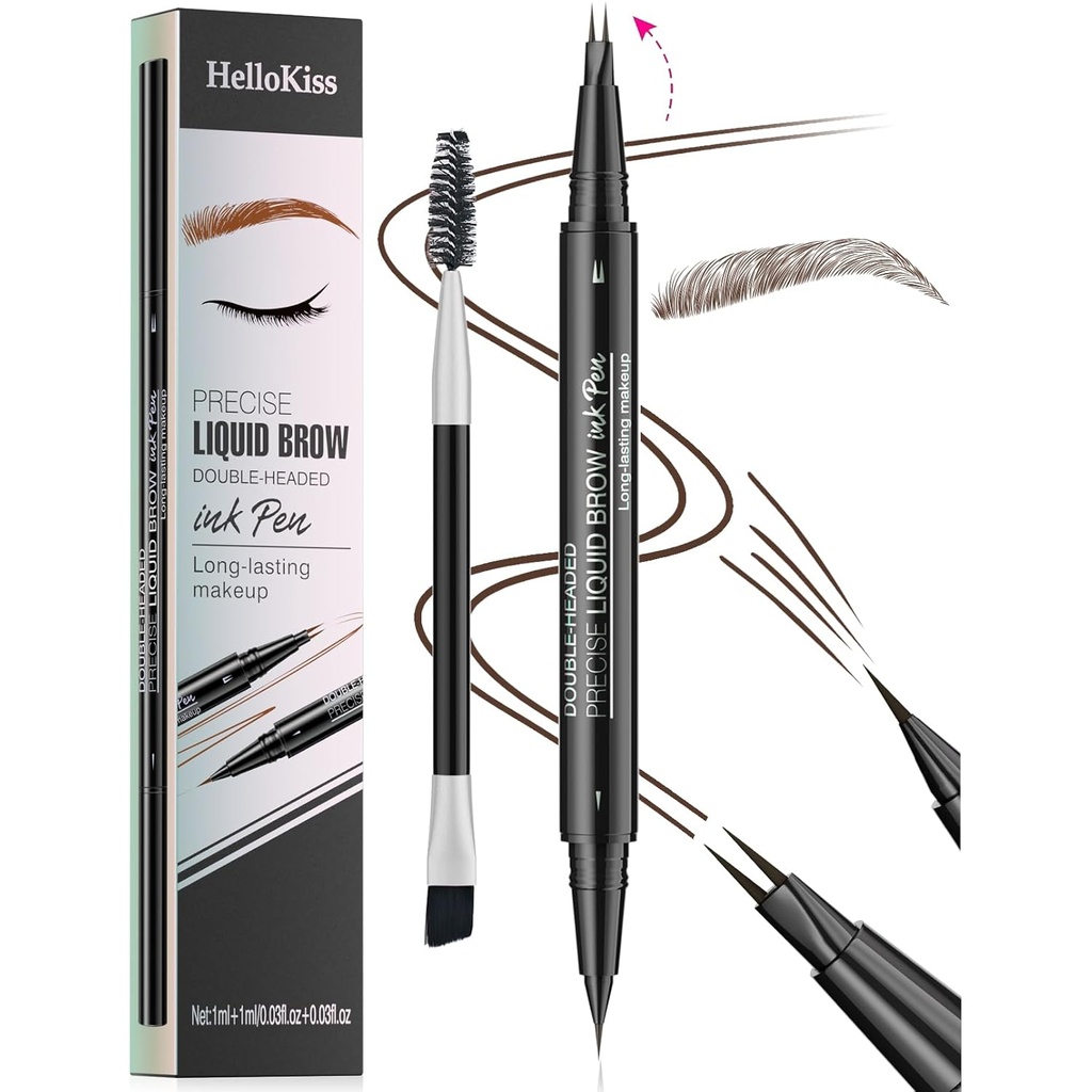 9708 2- Tip Double- Ended Eyebrow Pen, 2 - in-1, med Eyebrow Brush. Vandtæt og Sweat Proof, Præcise Liquid Brow, 5 Shades, Long- Lasting (3 # Dark Brown)