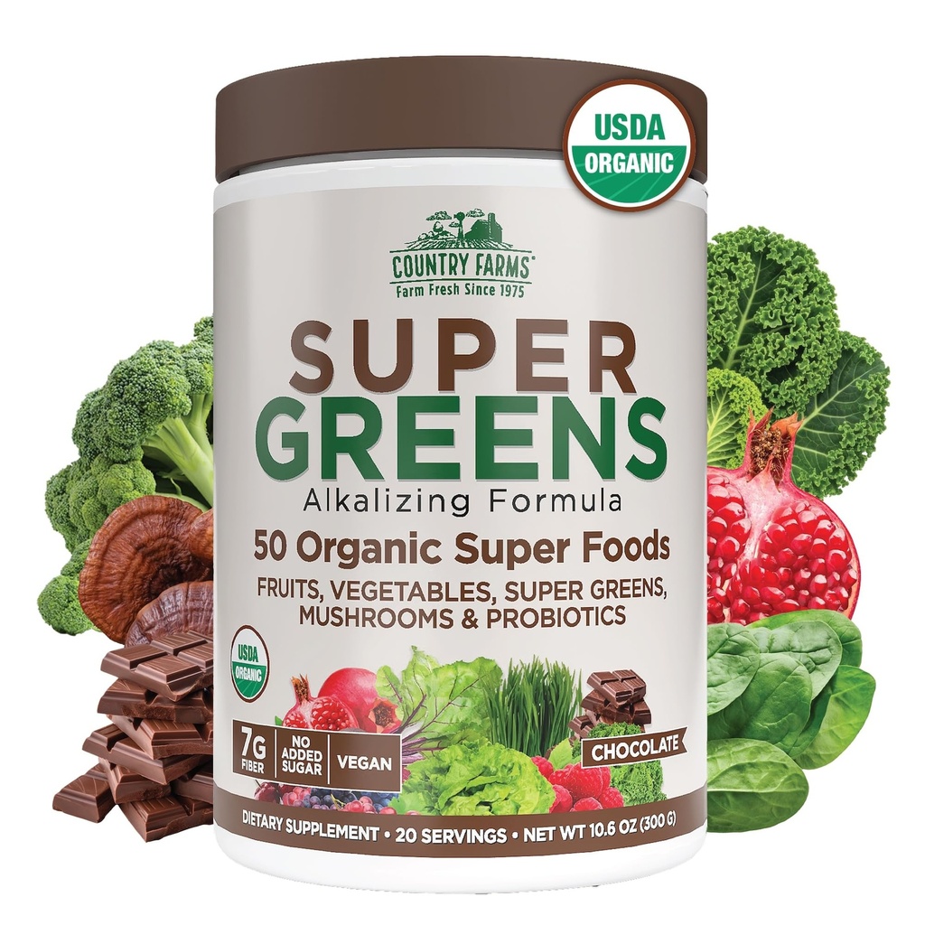 Country Farms Organic Super Green Chocolate Flavor, 50 Organic Super Foods, USDA Organic Drink Mix, Pakket med Fiber, Frugter, Grøntsager, Svampe & Probiotika, Understøtter Energi, 7g Fiber
