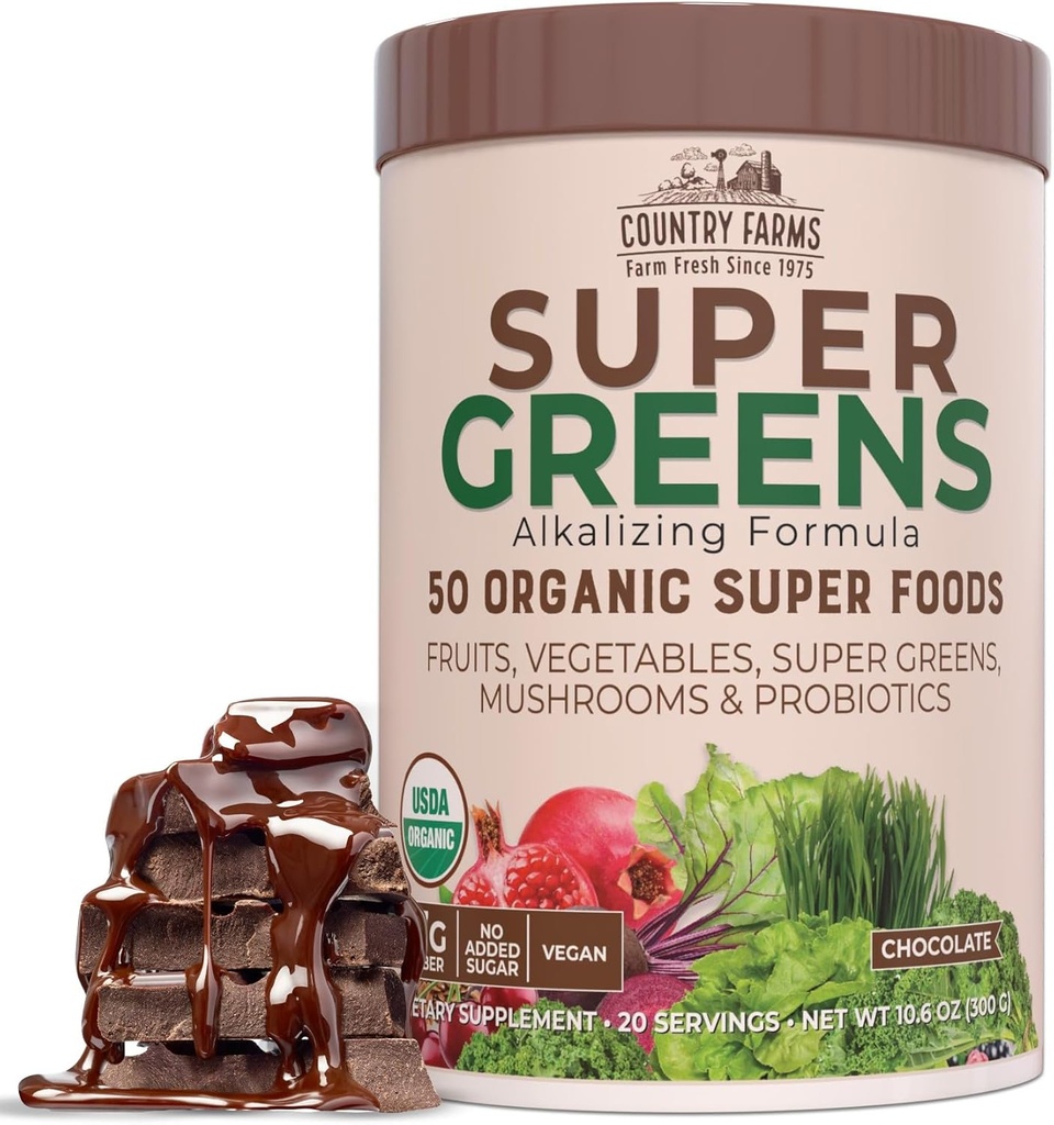 LAND FARMS Organic Super Green Chokolade Flavor, 50 Organic Super Foods, USDA Organic Drink Mix, Pakket med Fiber, Frugter, Grøntsager, Svampe & Probiotika, Understøtter Energi, 7g Fiber