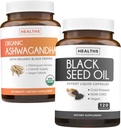 Bundle of Black Seed Oil & Organic Ashwagandha - Renew & Recharge Bundle - Black Seed Oil - 120 Soft- gel kapsler (non-GMO & vegetar) og Organic Ashwagandha Root Powder 1350mg serve (120 tabletter)