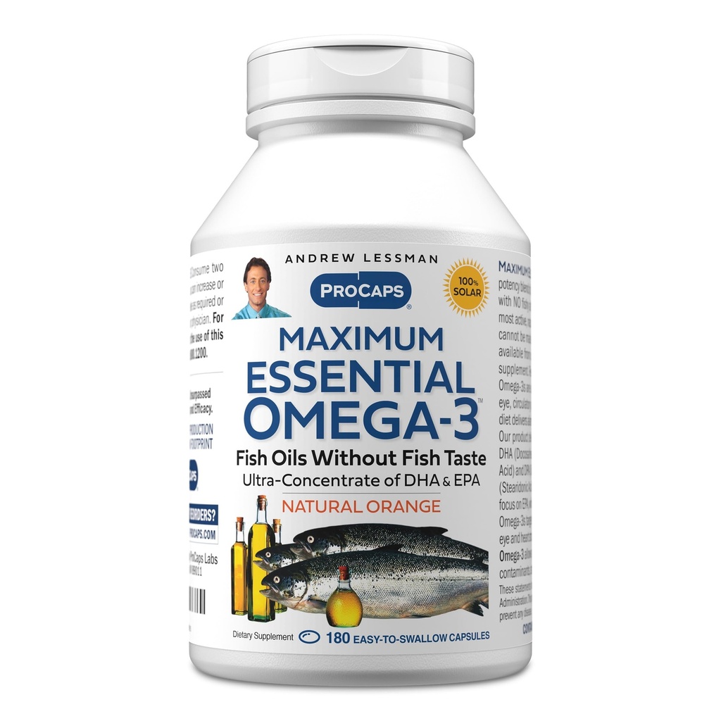 ANDREW LESSMAN Maximum Essential Omega-3 Orange - 180 Softgels - Ultra-Pure, High Potence Omega-3 Olies. Høj DHA, ingen stomach, ingen kontaminanter, ingen kviksølv. Lille let at synke bløddele
