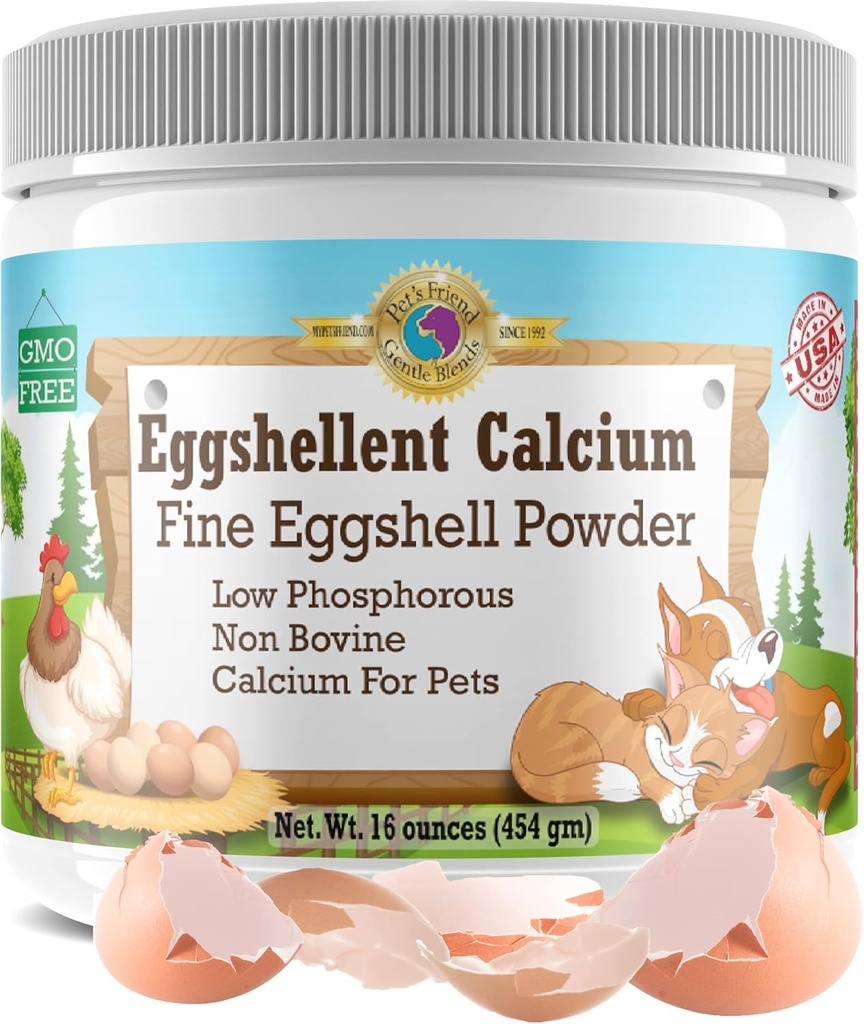 Calcium til hunde og katte - Fine Eggshell Powder - Stærk Hip & fælles supplement til hunde og katte - Kosttilskud - Ingen tilsætningsstoffer - Kæledyrsven Eggshellent Calcium 16oz