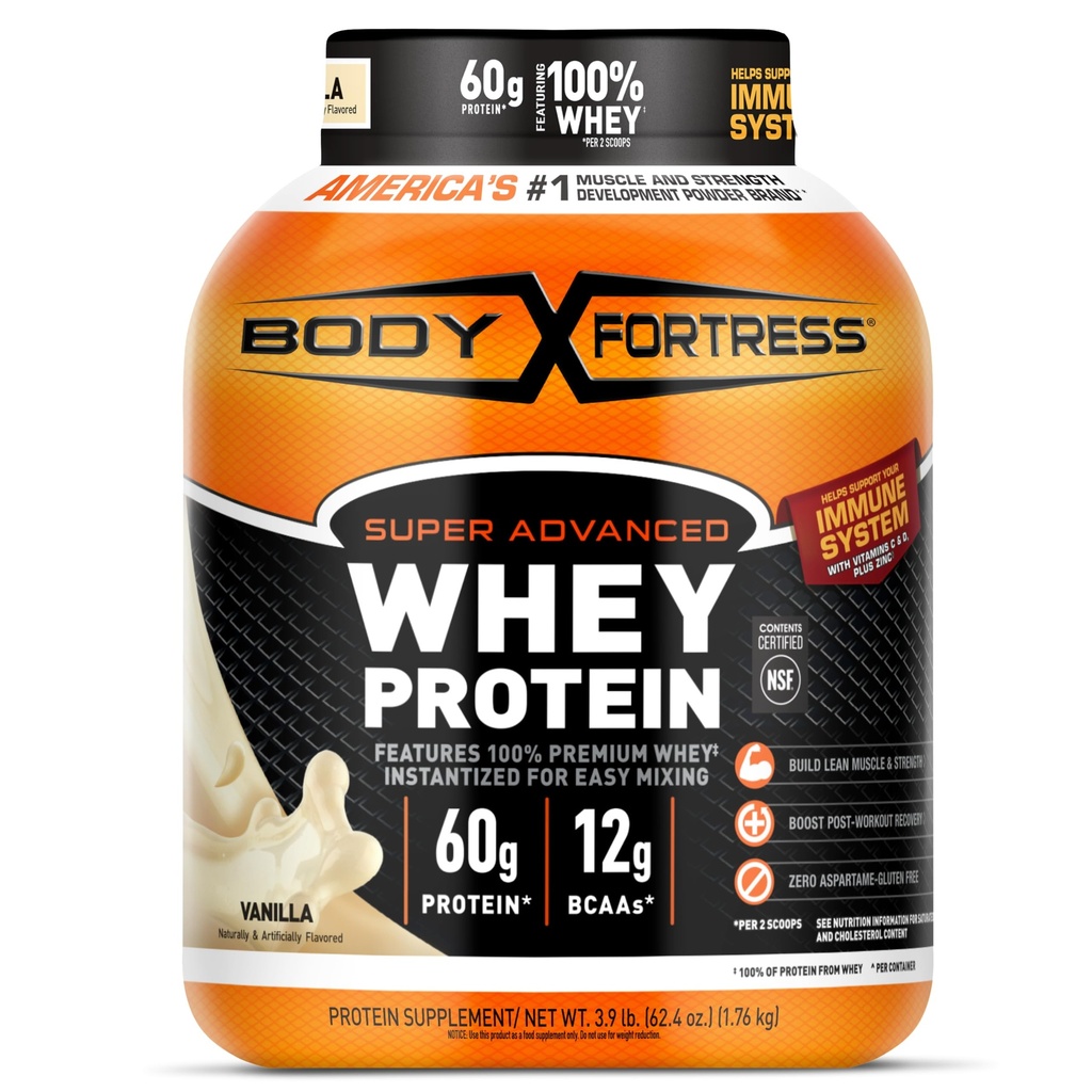 Body Fortress Super Advanced Whey Protein Powder, Vanilla, immunforsvar (1), Vitamin C & D Plus Zink, 3,9 lbs.