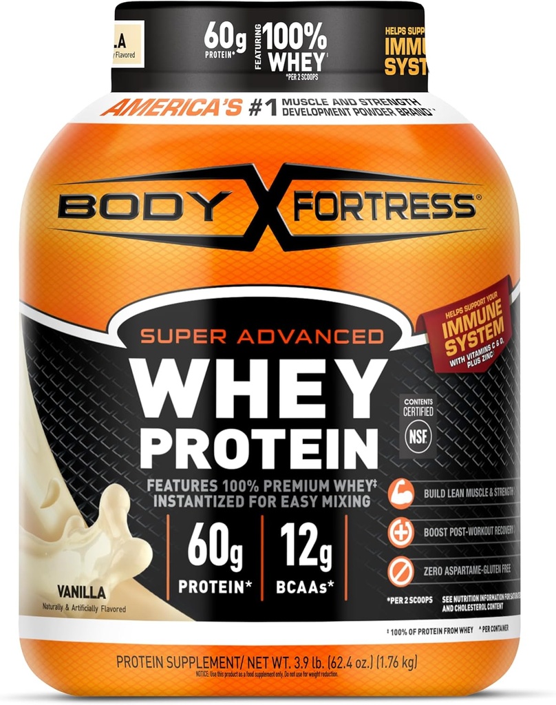Body Fortress Super Advanced Whey Protein Powder, Vanilla, immunforsvar (1), Vitamin C & D Plus Zink, 3,9 lbs.