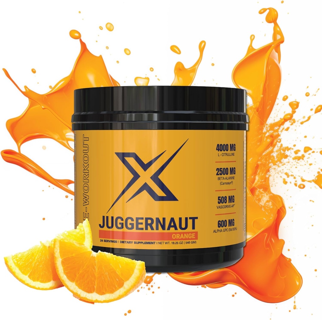Juggernaut X Pre- Workout Supplement (Orange) - øger styrke, Endurance, Energi - L-Citrullin, Beta- Alanine, Creatin, Forbedret med VasoDrive for blodtrykssupport - 30 Serveringer
