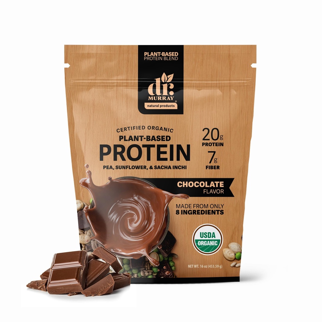 Dr. Murray's USDA Organic Plant Based Protein Powder | 20g Protein | 7g Fiber | Vegan & Keto | Gluten & Dairy Free | Low Carb | No Added Sugar | Chocolate, 1 lb.