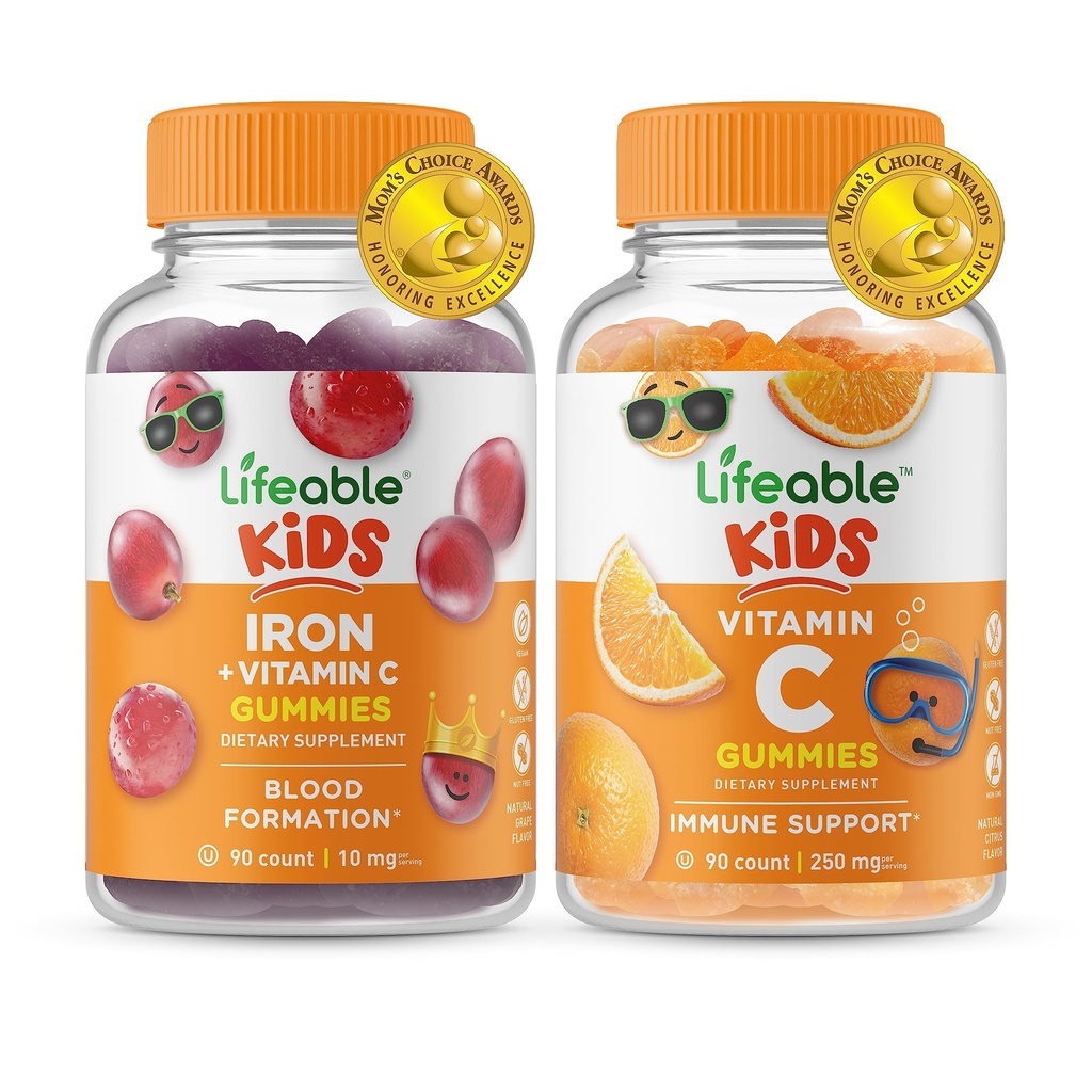 Lifeable Iron & C-vitamin Kids + C-vitamin Kids, Gummies Bundle - Great Tasting, Vitamin Supplement, Gluten Free, GMO Free, Chewable Gummy