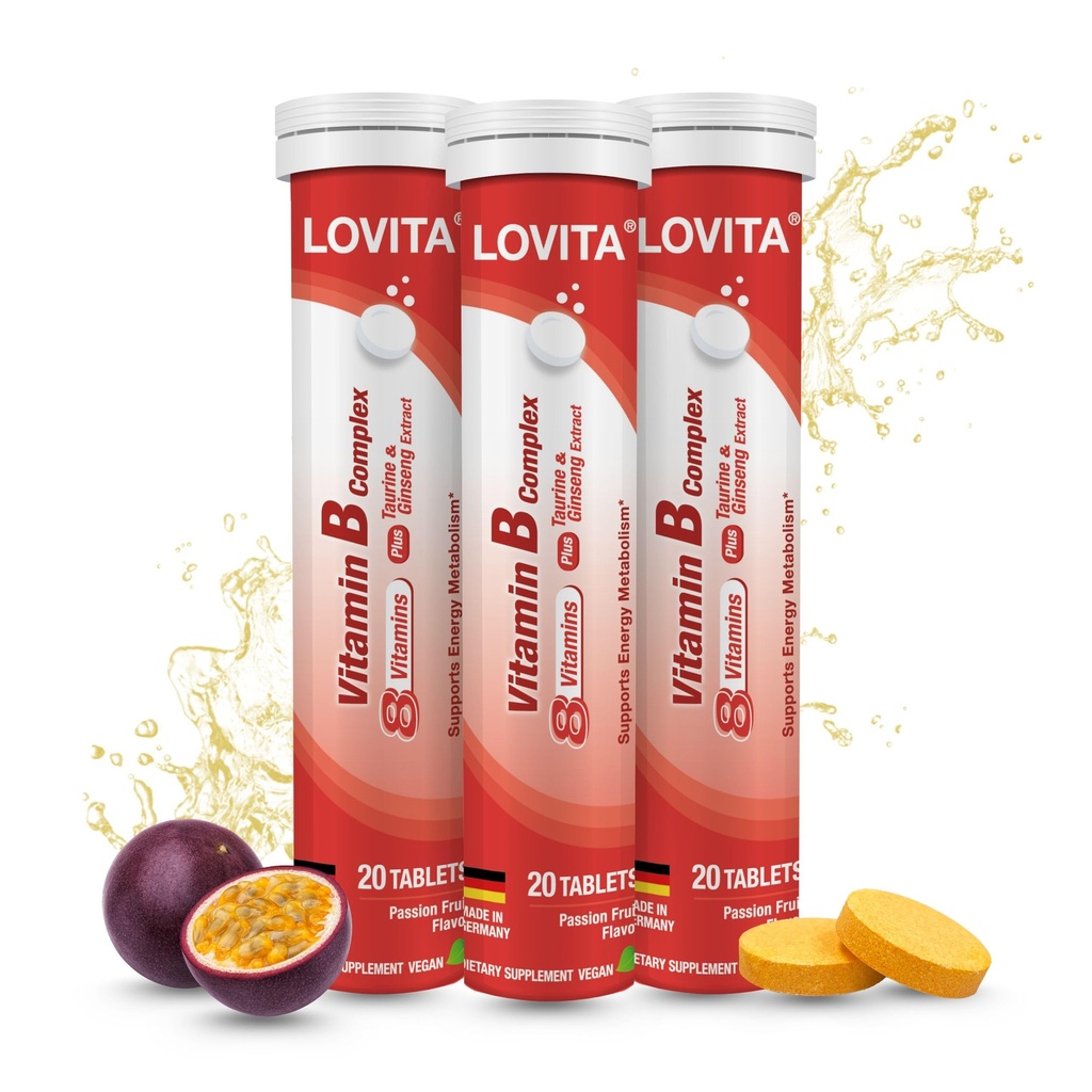 LOVITA Vitamin B Complex Effervescent Tablets 20 Count, Plus Taurine & Ginseng Extract, Supports Energy Metabolism, Passion Fruit Flavor, Vegan, Gluten-Free, Sugar-Free, Caffeine-Free (Pack of 3)