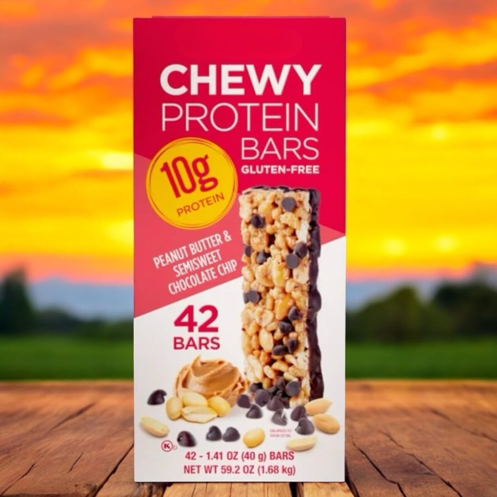Protein Bars - Peanut Butter & Chocolate Chip, 10g Protein, Gluten-Free, 42 Count, 1.41 oz Each, 59.2 oz Total