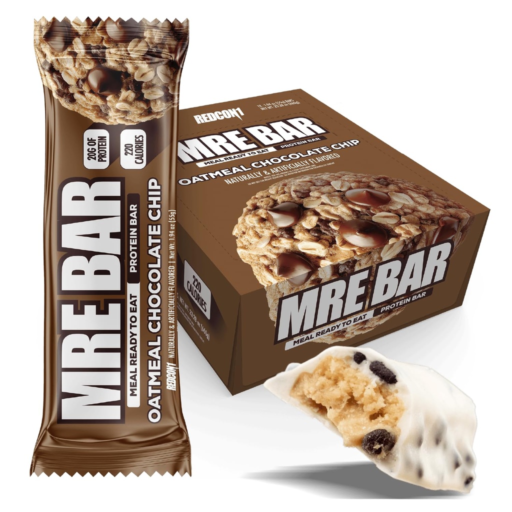 REDCON1 MRE Oatmeal Chocolate Chip Protein Bars - 12 Count Snack Bars for Breakfast or Post-Workout