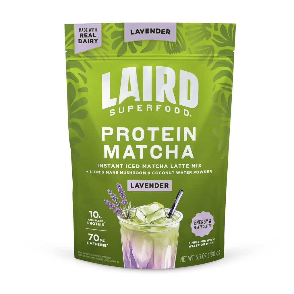 Laird Superfood Protein Matcha, Instant Iced Matcha Latte Mix with 10g Complete Protein, Lion's Mane Mushroom & Coconut Water Powder, No Added Sugar, Lavender, 6.3 oz