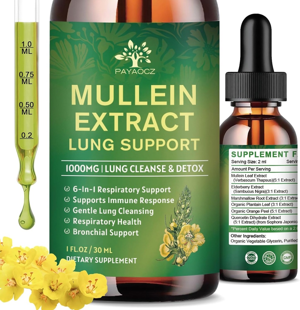(2 Pack) 6 In 1 Mullein Drops for Lungs, Organic Mullein Leaf Extract Tincture for Lungs, Detox Cleanse & Respiratory for Breathing Health, Mullein Oil Supplement Immune Support, Vegan, 1 Fl Oz