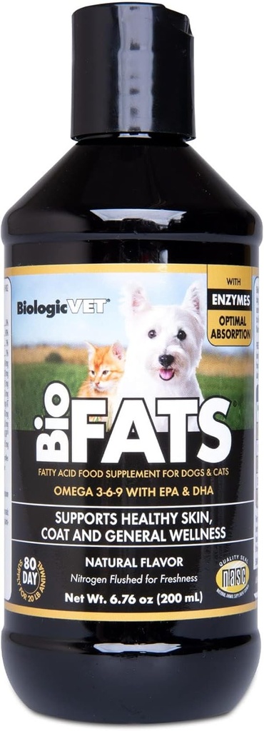 BiologicVET BioFATS - Indeholder Omegas 3, 6 & 9 - med EPA, DHA & ALA - for hund & kat - Hud & fælles sundhedsstøtte - Inkluderer fisk, hørfrø & olivenolie - 6.76 fl. oz.