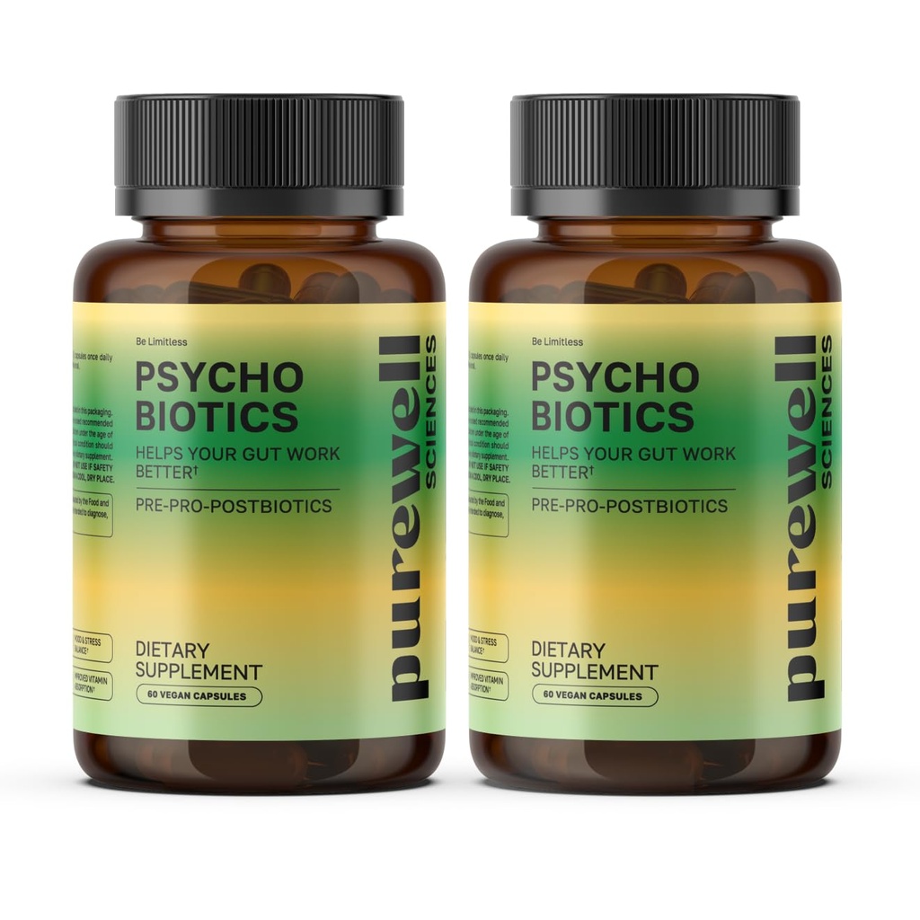 Psychobiotics – Advanced 3-in-1 Probiotic Prebiotic Postbiotic Supplement for Gut and Mood Support - 120 Vegan Probiotic Capsules – 50 Billion CFU - 2 Month Supply